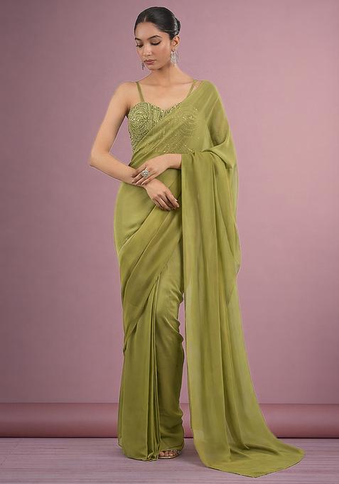 Olive Green Hand Work Georgette Pre Draped Saree Set