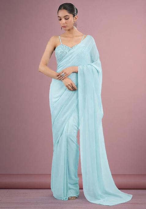Light Blue Hand Work Georgette Pre Draped Saree Set