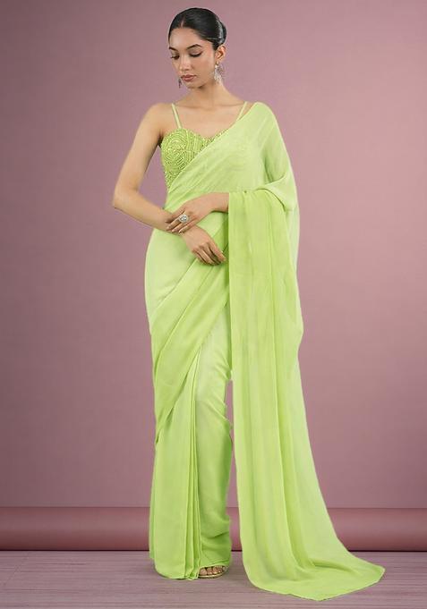 Olive Green Hand Work Georgette Pre Draped Saree Set