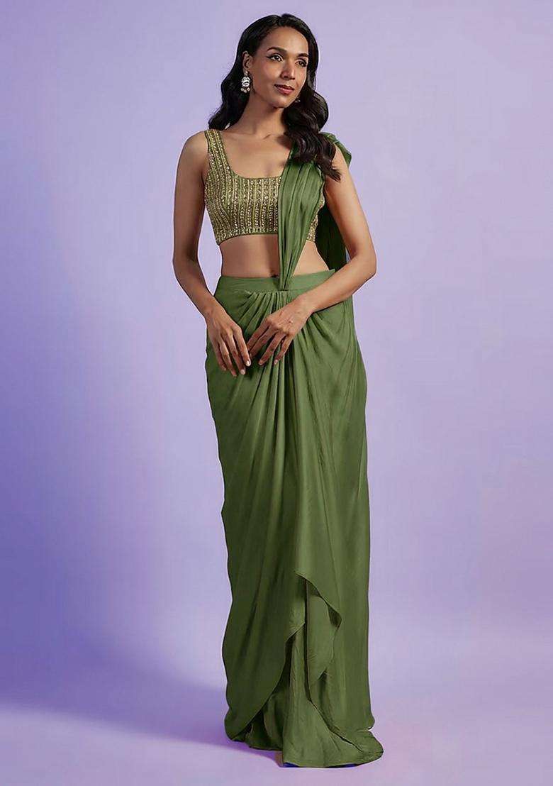 Dark Green Hand Work Satin Pre Draped Saree Set - Indya