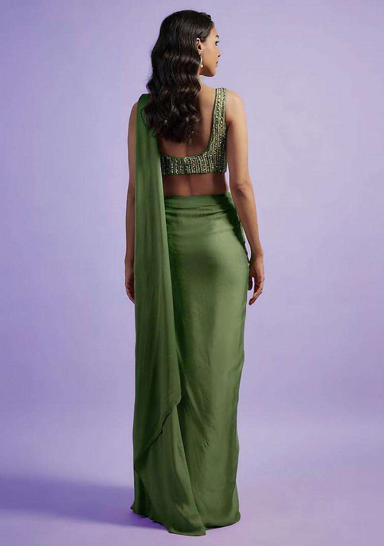 Dark Green Hand Work Satin Pre Draped Saree Set - Indya
