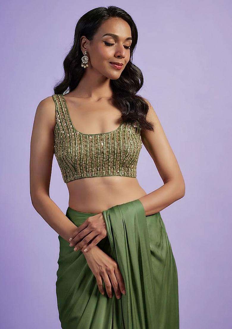 Dark Green Hand Work Satin Pre Draped Saree Set - Indya