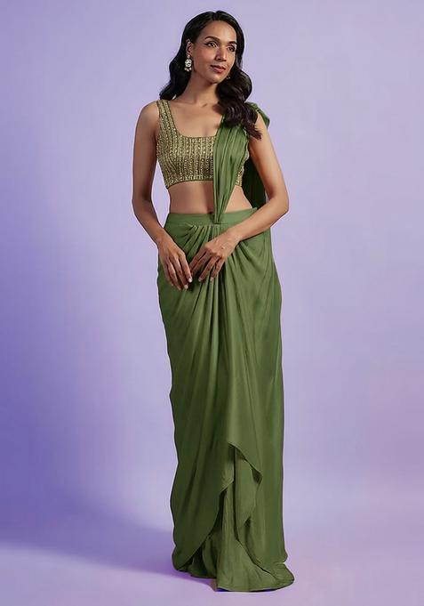 Dark Green Hand Work Satin Pre Draped Saree Set