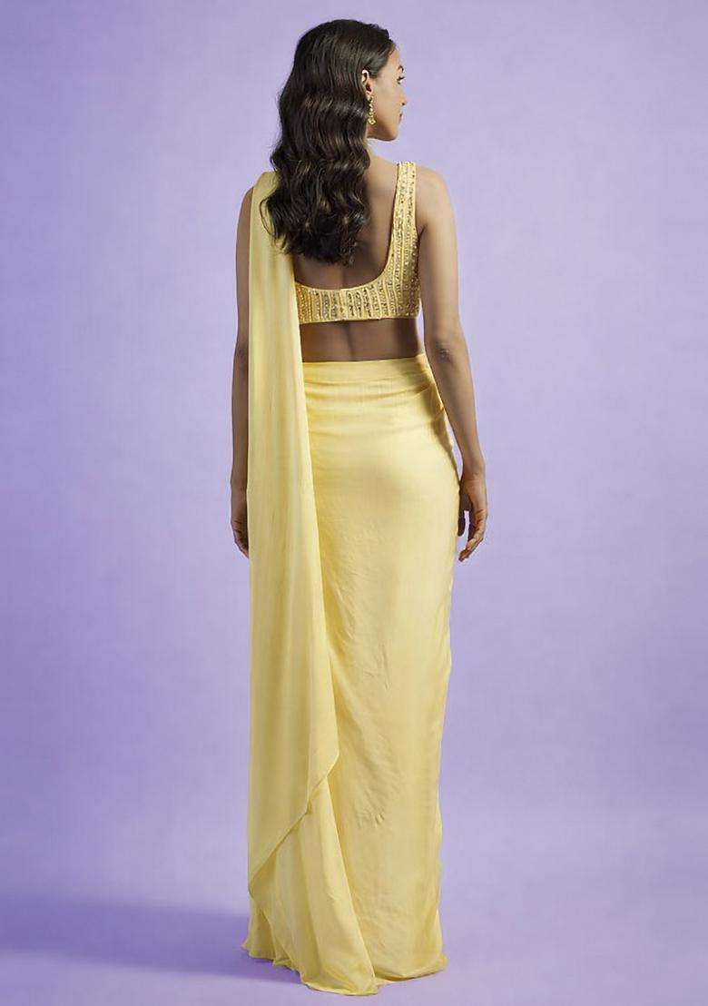 Pastel Yellow Hand Work Satin Pre Draped Saree Set - Indya