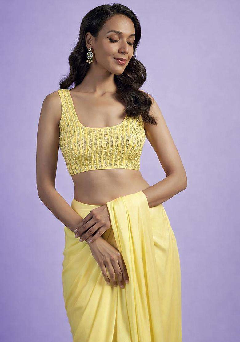 Pastel Yellow Hand Work Satin Pre Draped Saree Set - Indya