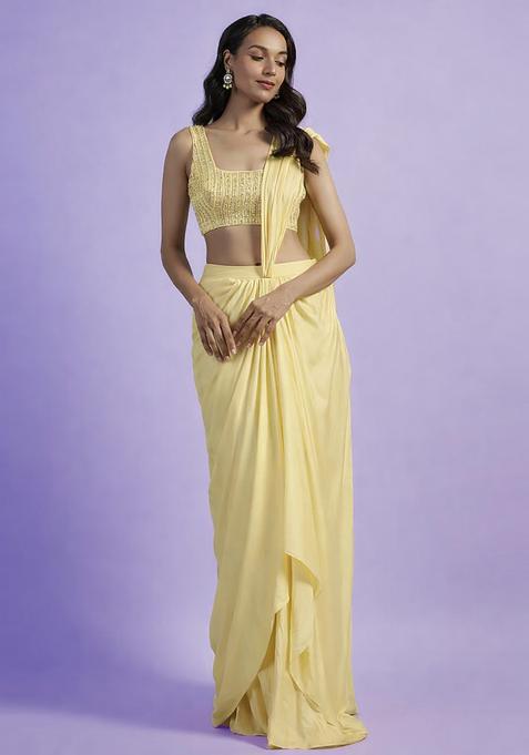 Pastel Yellow Hand Work Satin Pre Draped Saree Set
