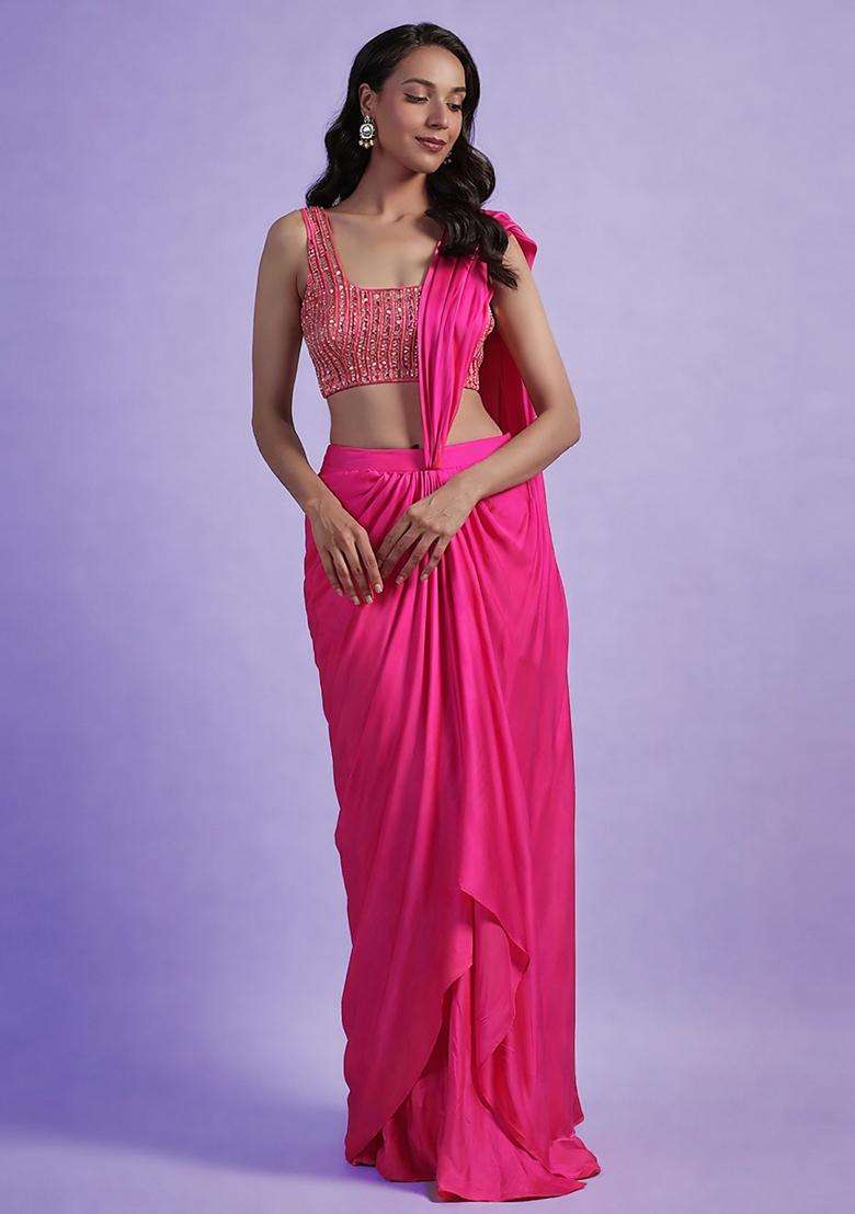 Bright Pink Hand Work Satin Pre Draped Saree Set - Indya