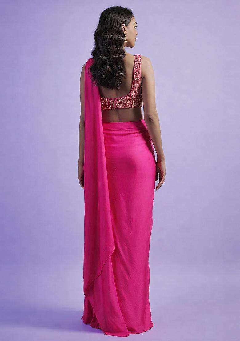 Bright Pink Hand Work Satin Pre Draped Saree Set - Indya