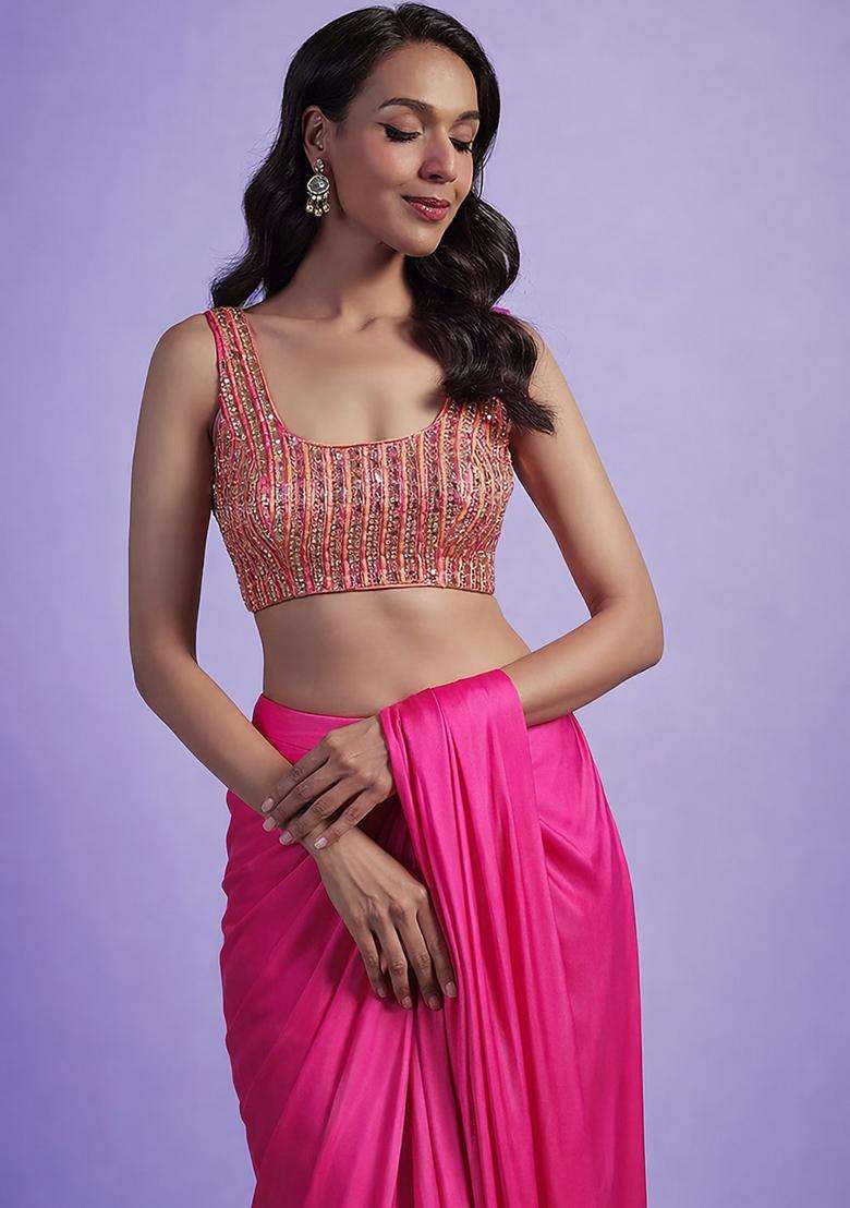 Bright Pink Hand Work Satin Pre Draped Saree Set - Indya