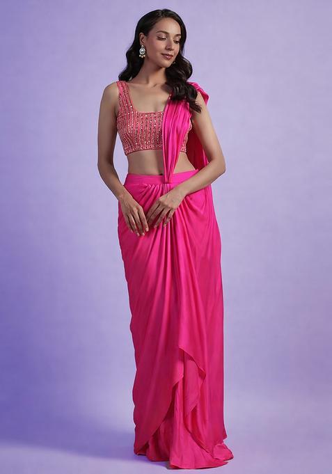 Bright Pink Hand Work Satin Pre Draped Saree Set