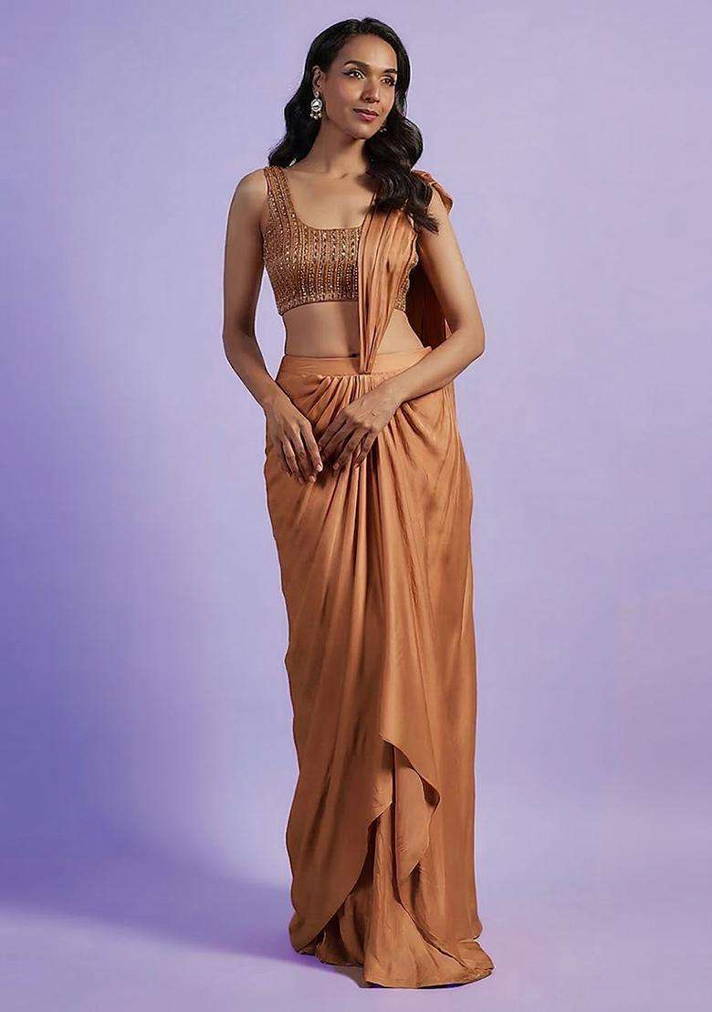 Beige Hand Work Satin Pre Draped Saree Set - Indya