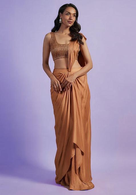 Beige Hand Work Satin Pre Draped Saree Set