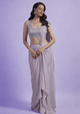 Grey Hand Work Satin Pre Draped Saree Set