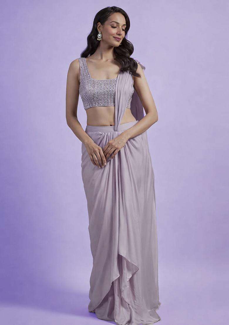 Grey Hand Work Satin Pre Draped Saree Set - Indya