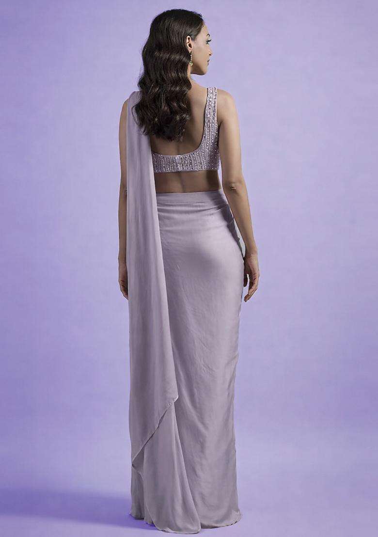 Grey Hand Work Satin Pre Draped Saree Set - Indya