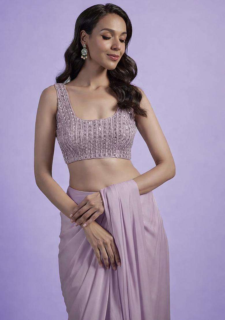 Grey Hand Work Satin Pre Draped Saree Set - Indya