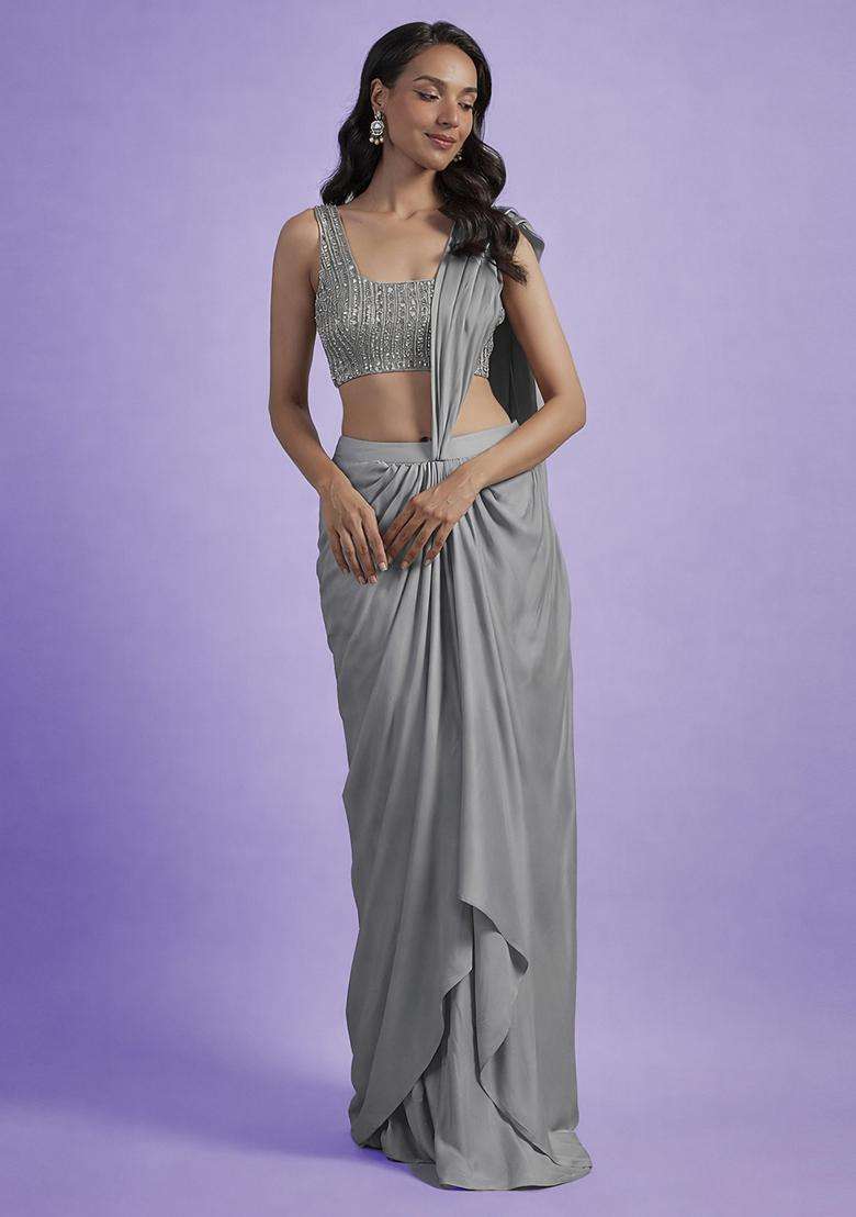 Grey Hand Work Satin Pre Draped Saree Set - Indya