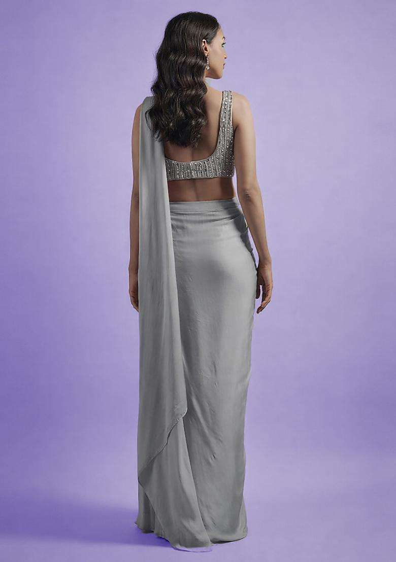 Grey Hand Work Satin Pre Draped Saree Set - Indya