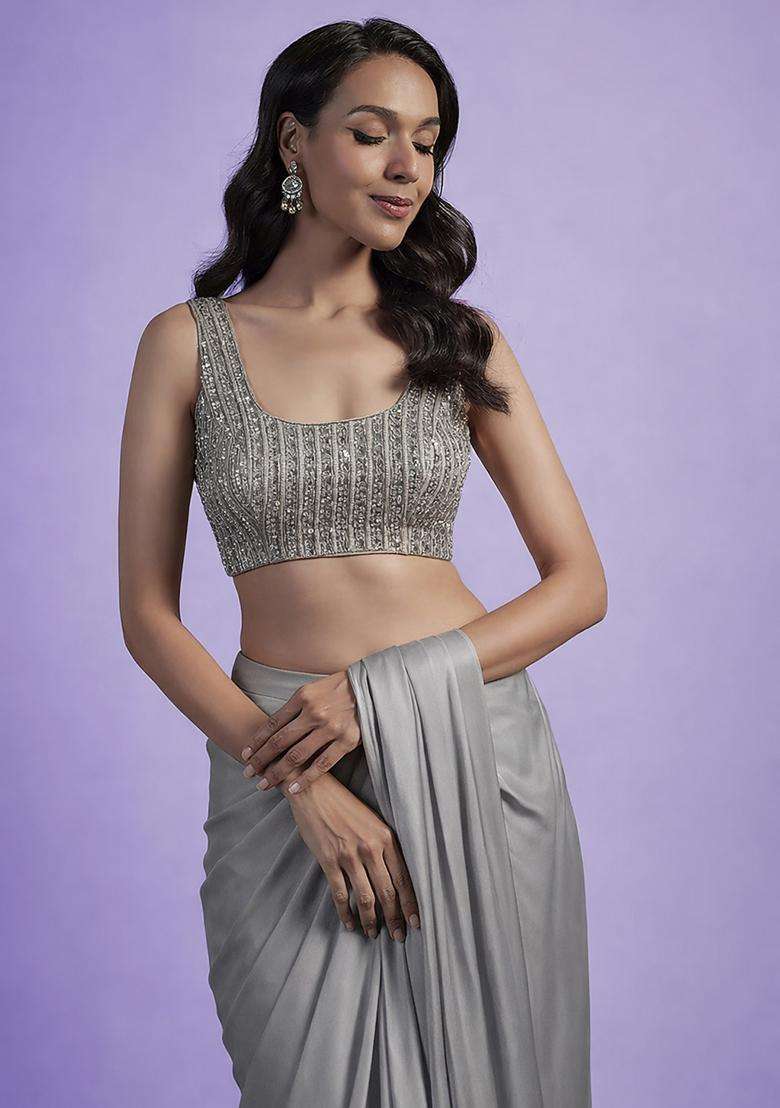 Grey Hand Work Satin Pre Draped Saree Set - Indya