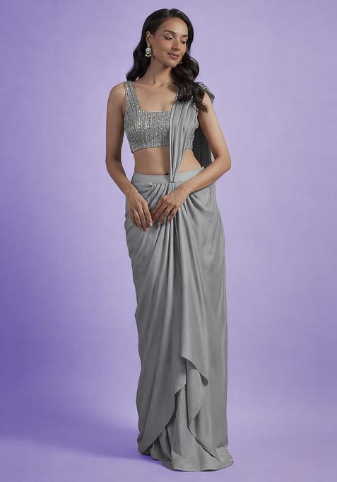 Grey Hand Work Satin Pre Draped Saree Set