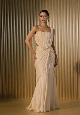 Beige Hand Work Crepe Pre Draped Saree Set