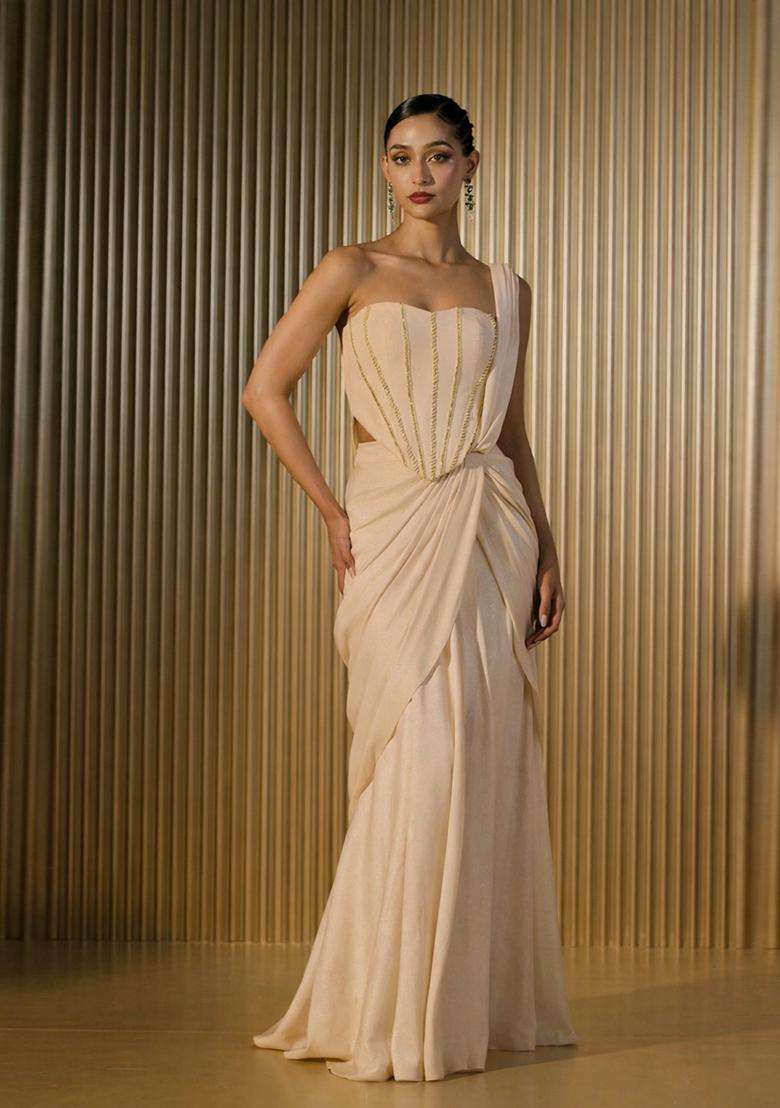 Beige Hand Work Crepe Pre Draped Saree Set - Indya