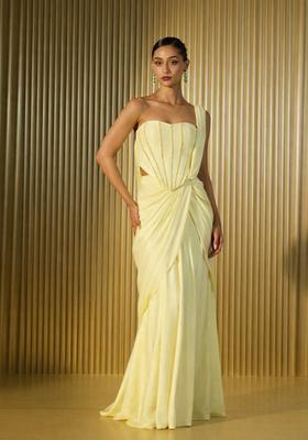 Light Yellow Hand Work Crepe Pre Draped Saree Set