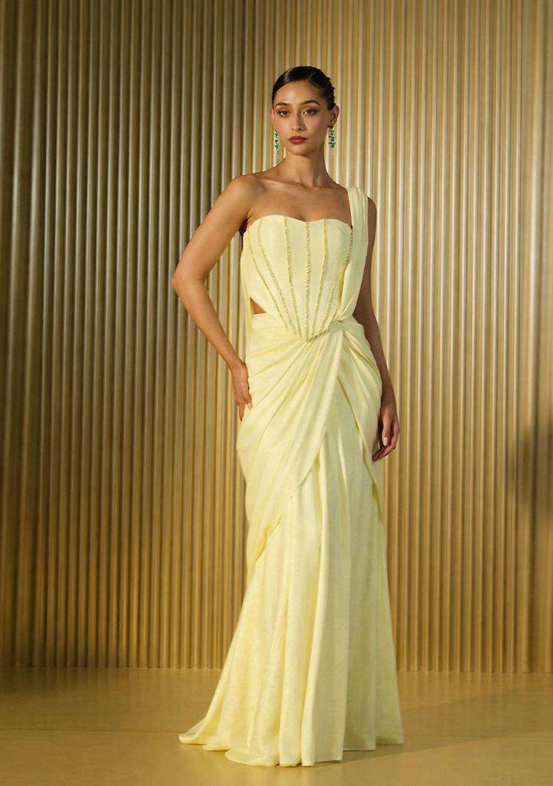 Light Yellow Hand Work Crepe Pre Draped Saree Set - Indya