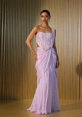 Lilac Hand Work Crepe Pre Draped Saree Set
