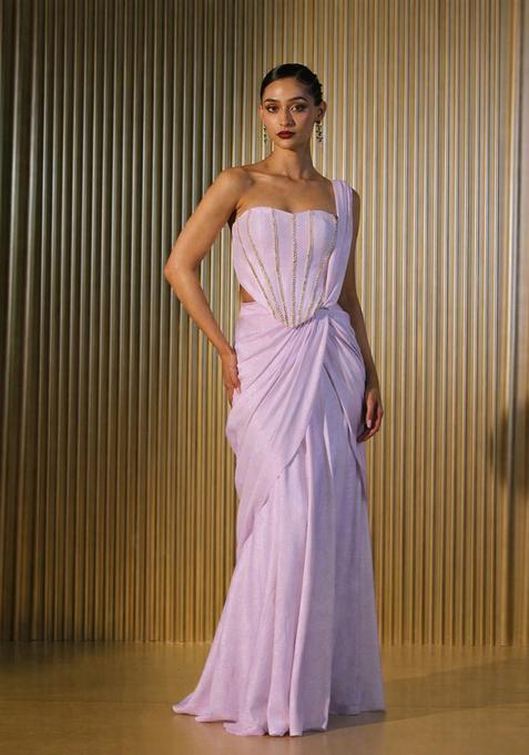 Lilac Hand Work Crepe Pre Draped Saree Set