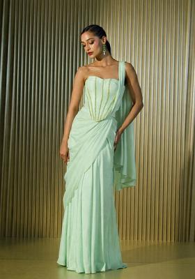 Mint Green Hand Work Crepe Pre Draped Saree Set