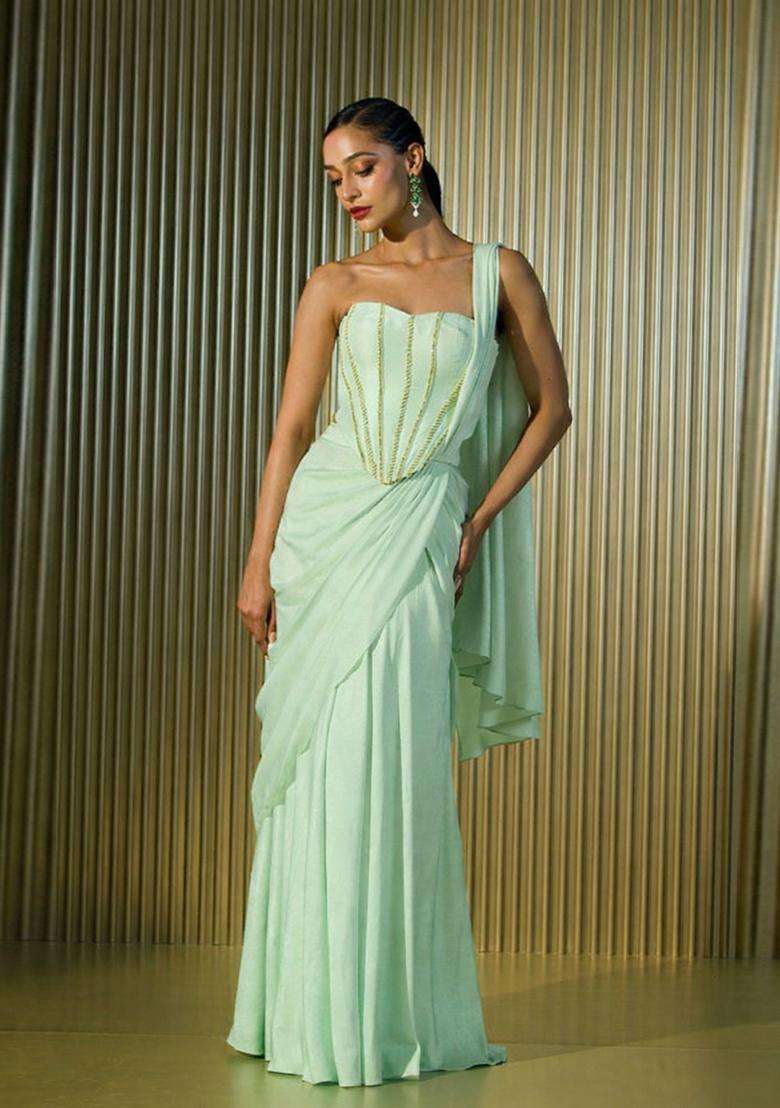 Mint Green Hand Work Crepe Pre Draped Saree Set - Indya