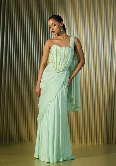 Mint Green Hand Work Crepe Pre Draped Saree Set