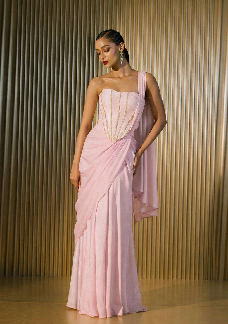 Light Pink Hand Work Crepe Pre Draped Saree Set - Indya