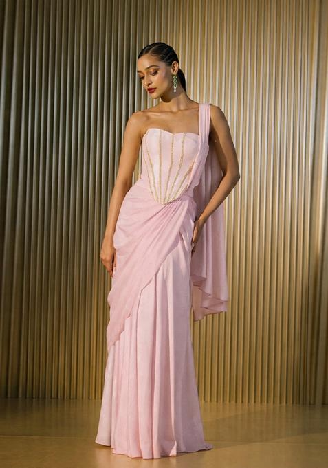 Light Pink Hand Work Crepe Pre Draped Saree Set