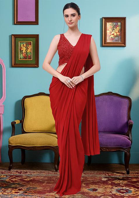 Dark Red Hand Work Crepe Pre Draped Saree Set