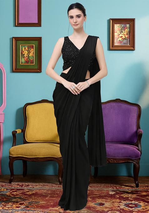 Black Hand Work Crepe Pre Draped Saree Set