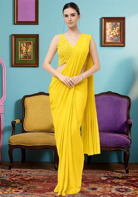 Yellow Hand Work Crepe Pre Draped Saree Set