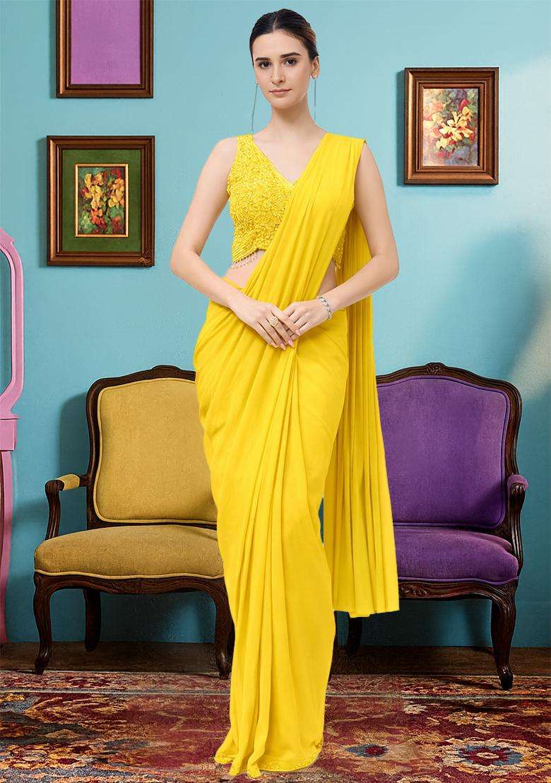Yellow Hand Work Crepe Pre Draped Saree Set - Indya
