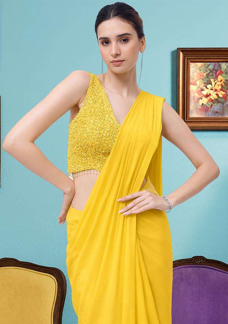 Yellow Hand Work Crepe Pre Draped Saree Set - Indya