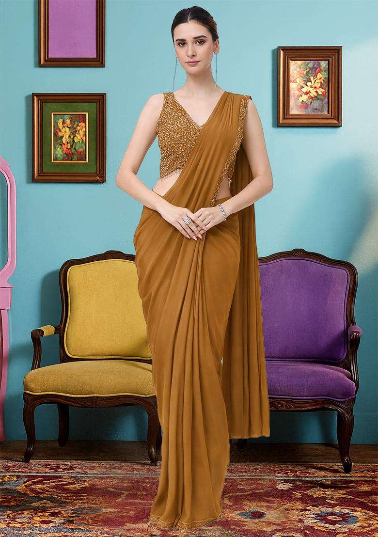 Brown Hand Work Crepe Pre Draped Saree Set - Indya