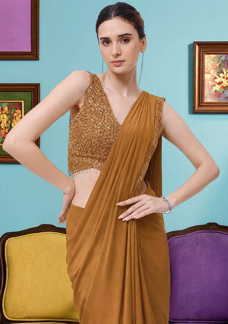 Brown Hand Work Crepe Pre Draped Saree Set - Indya