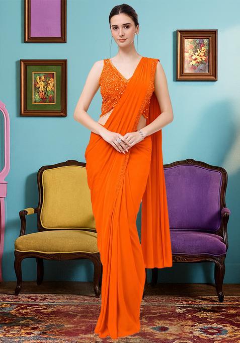 Orange Hand Work Crepe Pre Draped Saree Set