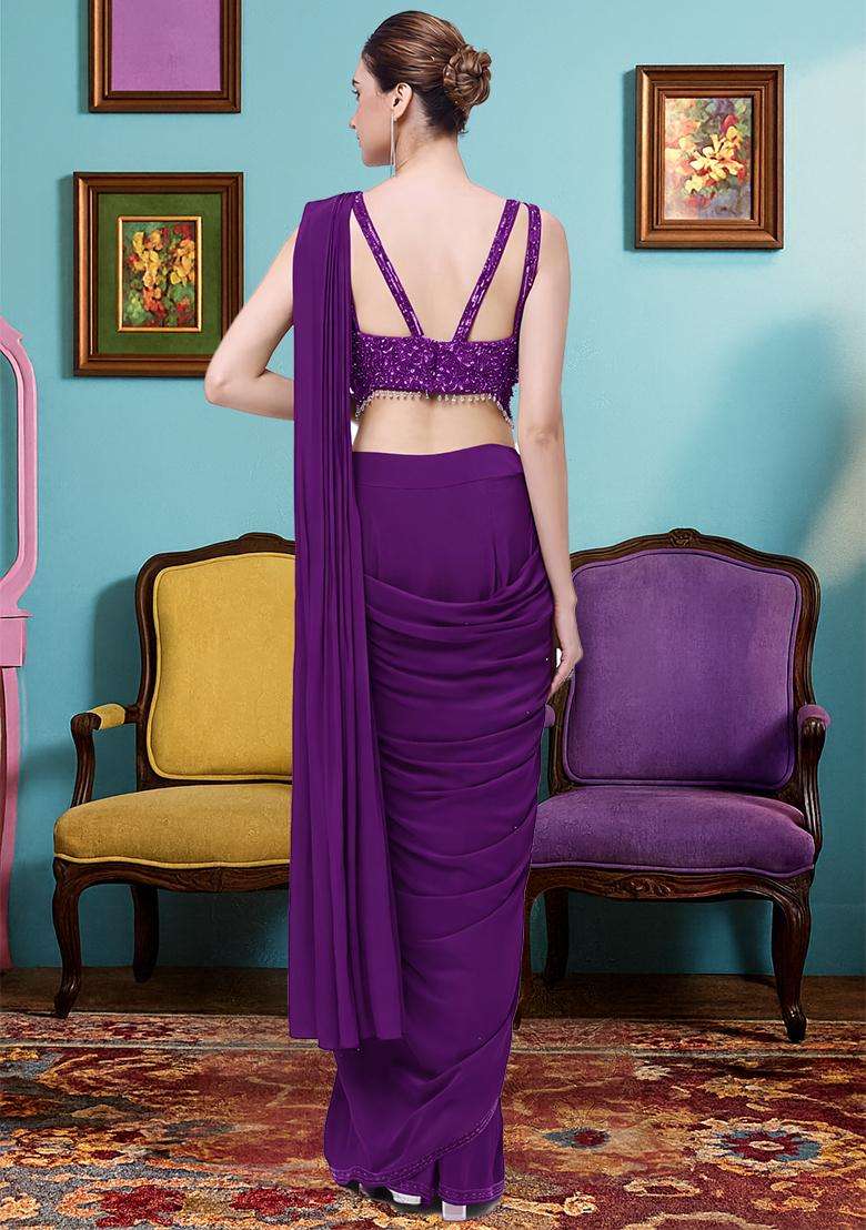 Violet Hand Work Crepe Pre Draped Saree Set - Indya