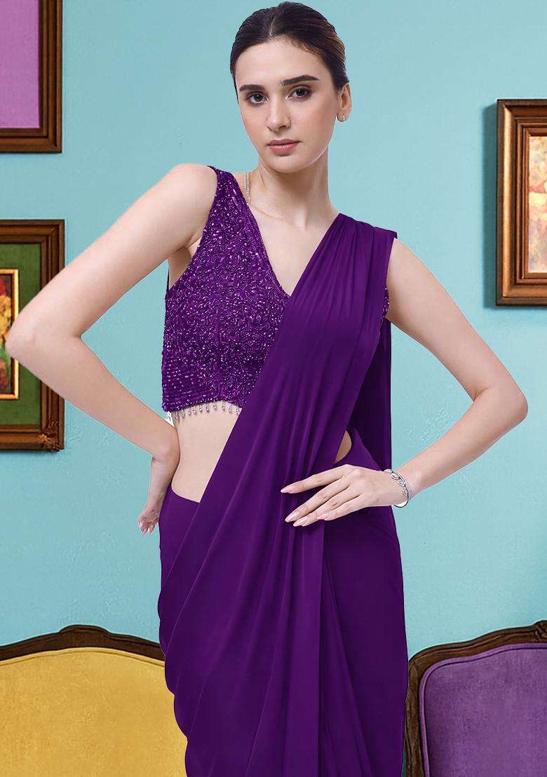 Violet Hand Work Crepe Pre Draped Saree Set - Indya