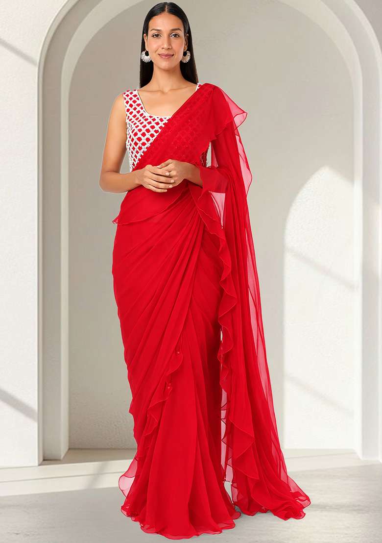 Bright Red Hand Work Embellished Chinon Pre Draped Saree Set - Indya