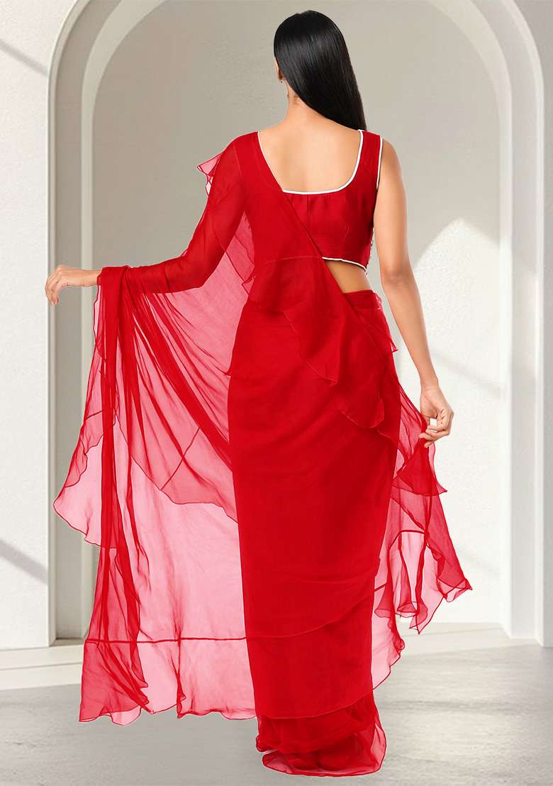 Bright Red Hand Work Embellished Chinon Pre Draped Saree Set - Indya