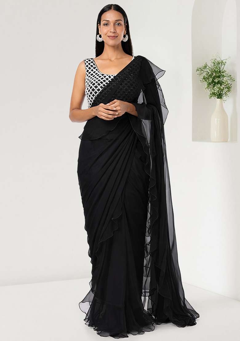 Black Hand Work Embellished Chinon Pre Draped Saree Set - Indya