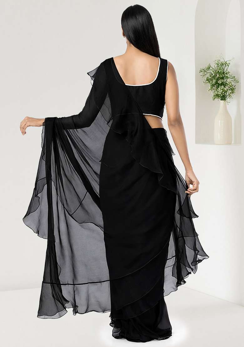 Black Hand Work Embellished Chinon Pre Draped Saree Set - Indya