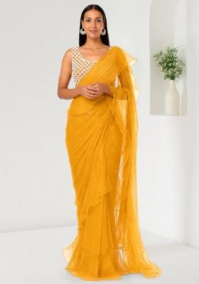 Golden Yellow Hand Work Embellished Chinon Pre Draped Saree Set